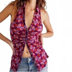 FREE PEOPLE Pink Multicolored Heart Print Button Down Top SIZE S BOHO KIDCORE